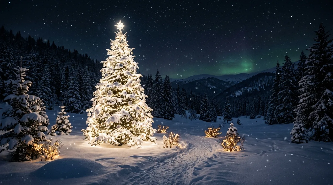 White Christmas tree glowing outdoors at night in a snowy setting.